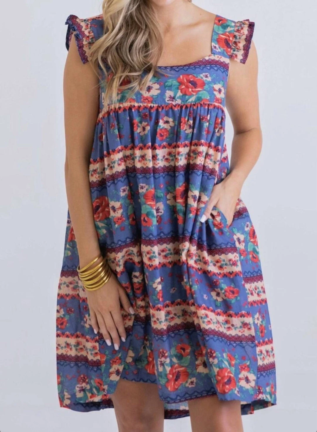 Karlie women Floral Vintage Ruffle Tank Dress In Denim Blue 4 Karlie women Floral Vintage Ruffle Tank Dress In Denim Blue - Image 2