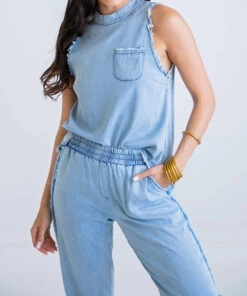Karlie women Chambray Pocket Tank in Blue