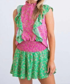 Karlie women Floral Vintage Ditzy Ruffle Top in Pink/Green