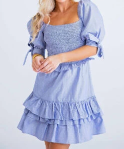 Karlie women Stripe Swiss Dot Smock Tier Dress in Blue