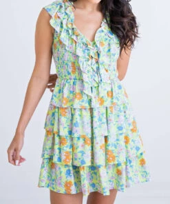 Karlie women Floral Ruffle V Neck Smock Tier Dress in Lime