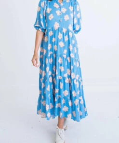 Karlie women Floral Power Puff Sleeve Maxi Dress in Blue