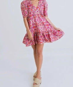 Karlie women Floral Medallion V-Neck Ruffle Dress in Dress Pink