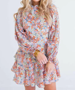 Karlie women Multi Floral Ruffle Tier Dress in Orange