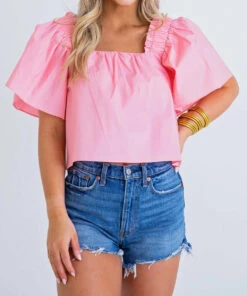 Karlie women Solid Poplin Square Neck Top in Pink