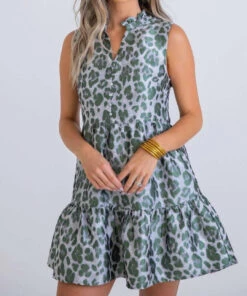 Karlie women Tapestry Leopard Tier Mini Dress in Green