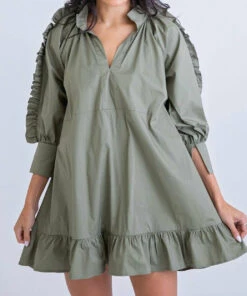 Karlie women Solid Poplin Ruffle Sleeve Dress in Olive