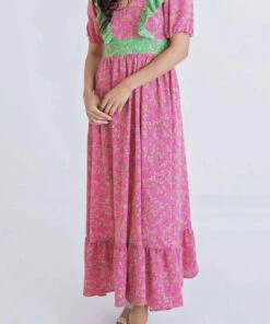 Karlie women Floral Vintage Maxi Dress In Pink/Green