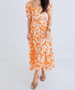 Karlie women Floral Tier Maxi Skirt in Orange