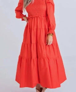 Karlie women Patricia Poplin Smock Tier Maxi Dress in Red