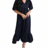 Karlie women SOLID POPLIN V-NECK MAXI DRESS in Black