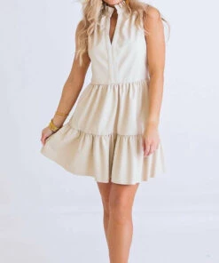 Karlie women Solid Pleather Tier Dress In Tan