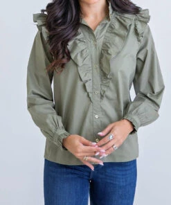 Karlie women Poplin Ruffle Button Up Shirt in Olive