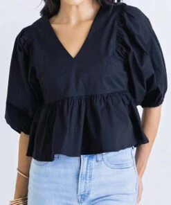 Cinzia Rocca Icons Shop 12 Karlie women Solid V-Neck Poplin Top In Black