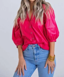 Karlie women Faux Leather Button Down Top in Cranberry