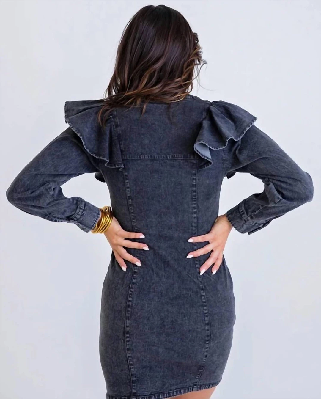 Karlie women Ruffle Long Sleeve Dress In Denim Wash 4 Karlie women Ruffle Long Sleeve Dress In Denim Wash - Image 2