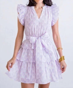 Karlie women Floral Seersucker Ruffle Tie Dress in Lavender