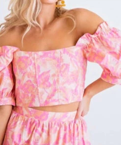 Karlie women Floral Poplin Puff Sleeve Top In Pink