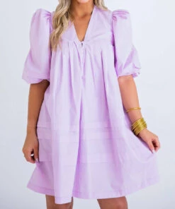 Karlie women Poplin Puff Sleeve Dress in Lilac